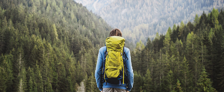 Young backpacking man traveler enjoying nature in Alps mountains